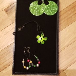 Silver and green costume jewelry set, EUC